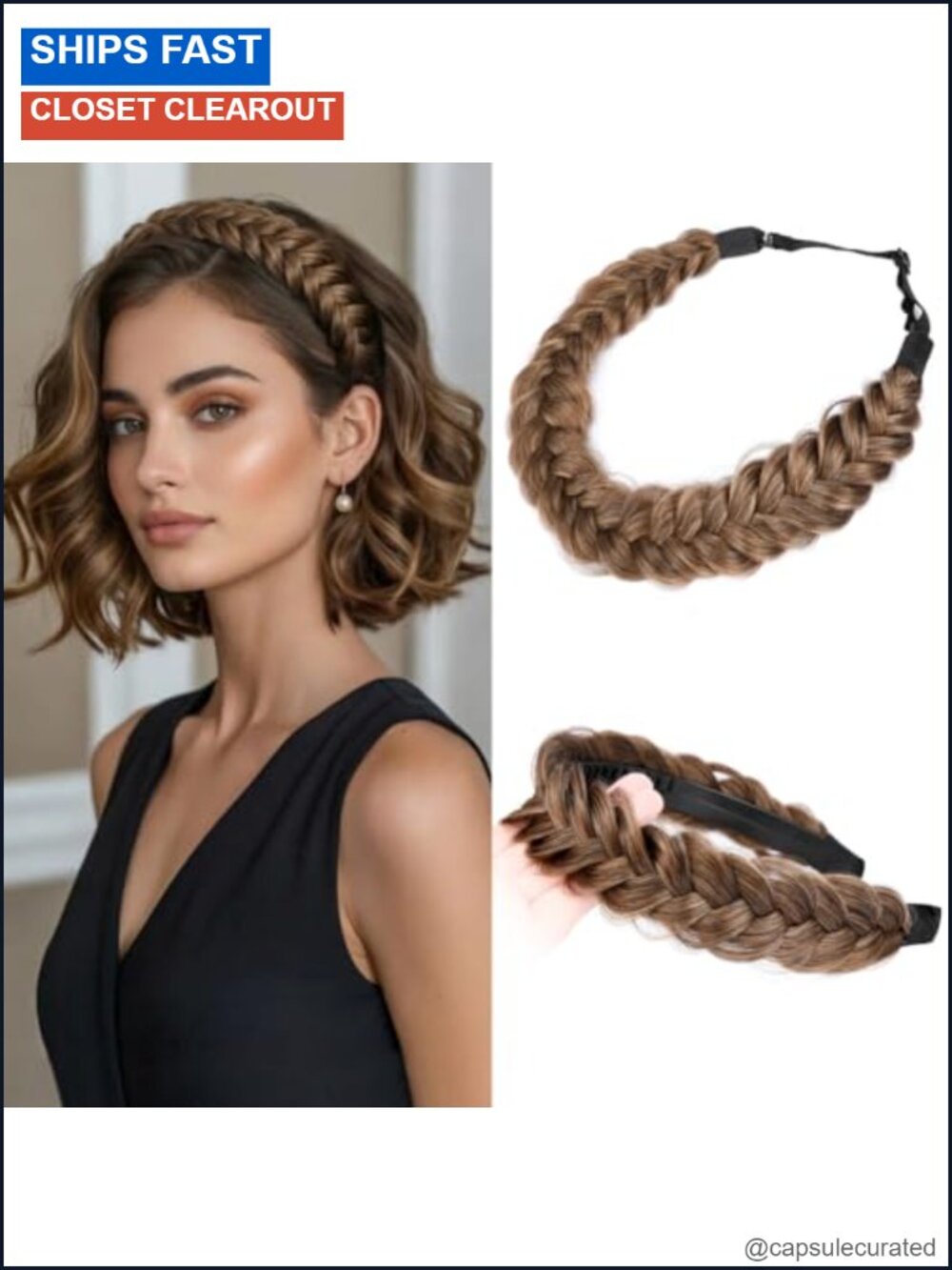 2PC Braided Headband with Teeth Handmade Wide Synthetic Hair Elastic Stretch